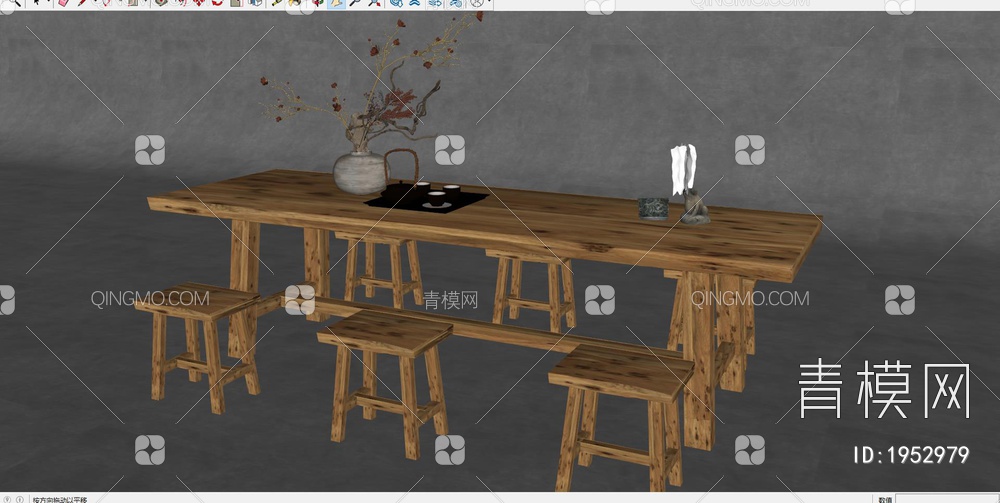 休闲桌 原木桌子 实木茶桌椅组合 岩板泡茶桌 矮凳 茶盘茶具 烧水壶(2018)3D模型下载【ID:1952979】