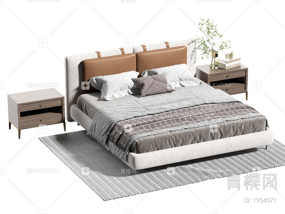 双人床 床头柜 枕头 棉被3D模型下载【ID:1954071】