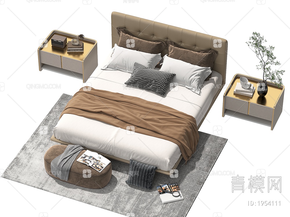 双人床 床头柜 枕头 棉被3D模型下载【ID:1954111】