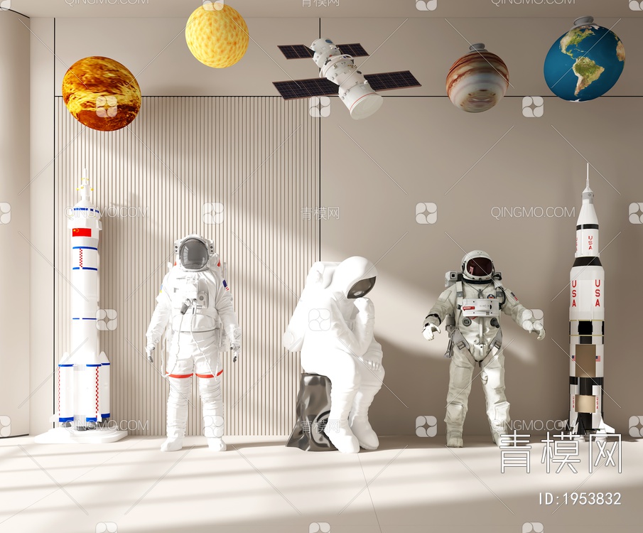 太空人雕塑 太空服 太空人 太空火箭 太空飞船 星球 火星 木星 装饰吊灯 太空人装饰摆件3D模型下载【ID:1953832】