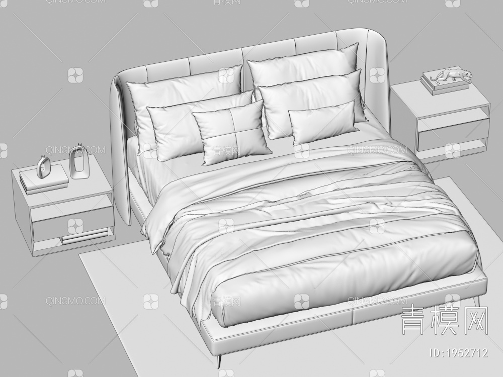 双人床 床头柜 枕头 棉被3D模型下载【ID:1952712】