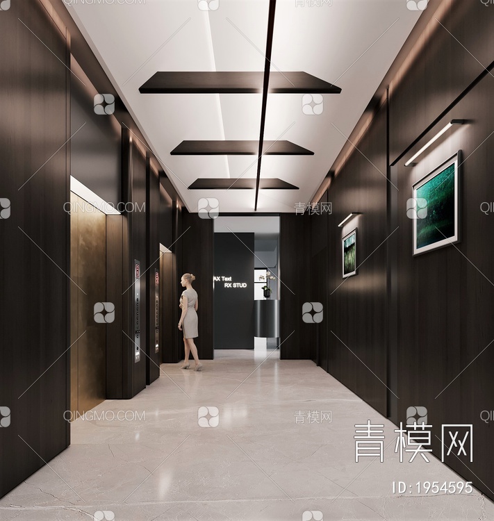 海派酒店电梯厅，过道，实木，穿插吊顶，高级3D模型下载【ID:1954595】