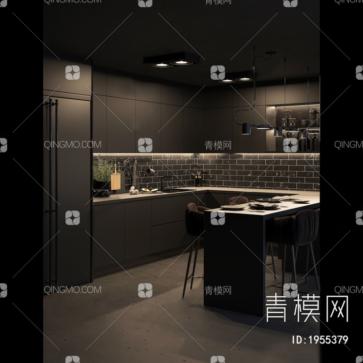 黑暗系开放式厨房3D模型下载【ID:1955379】