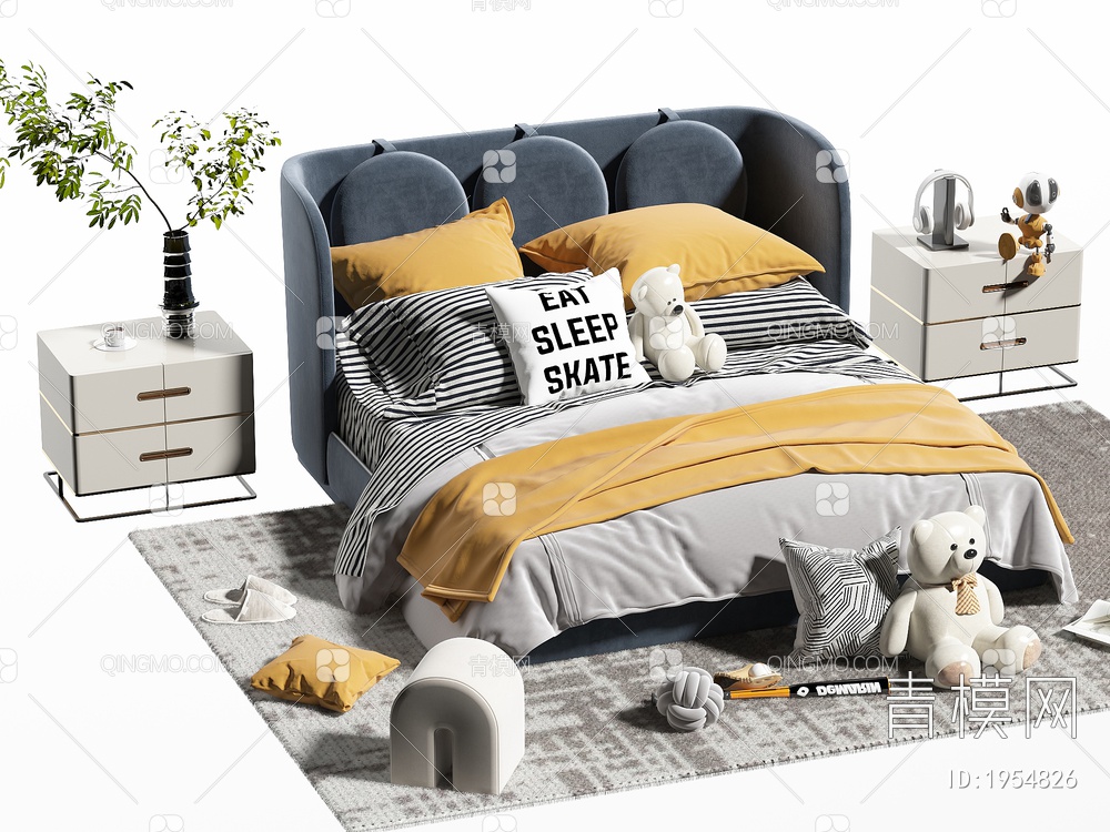 双人床 床头柜 玩具熊 枕头 棉被3D模型下载【ID:1954826】