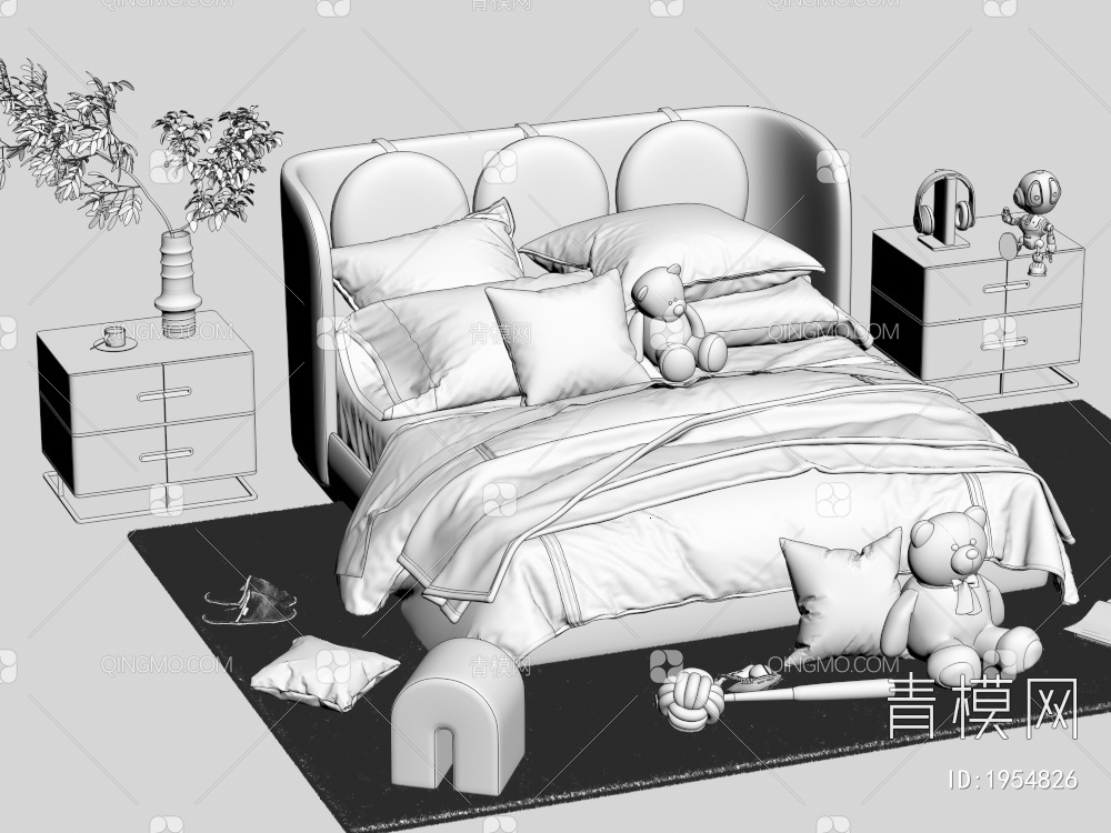 双人床 床头柜 玩具熊 枕头 棉被3D模型下载【ID:1954826】
