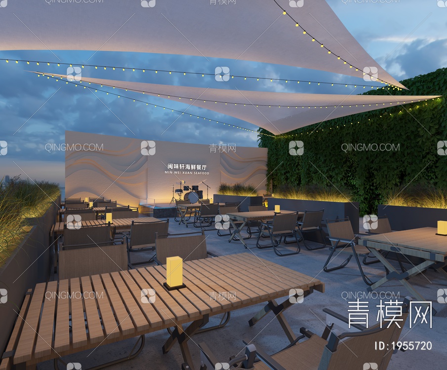室外露天餐厅 墙面绿植 墙3D模型下载【ID:1955720】