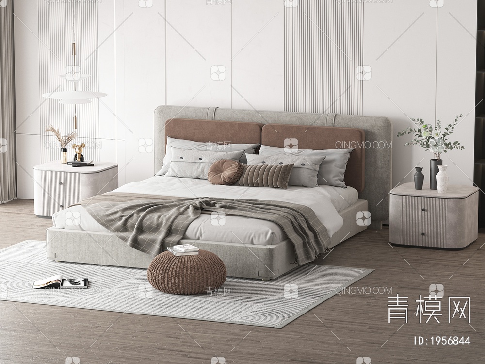 双人床 床头柜 卧室 枕头 地毯3D模型下载【ID:1956844】
