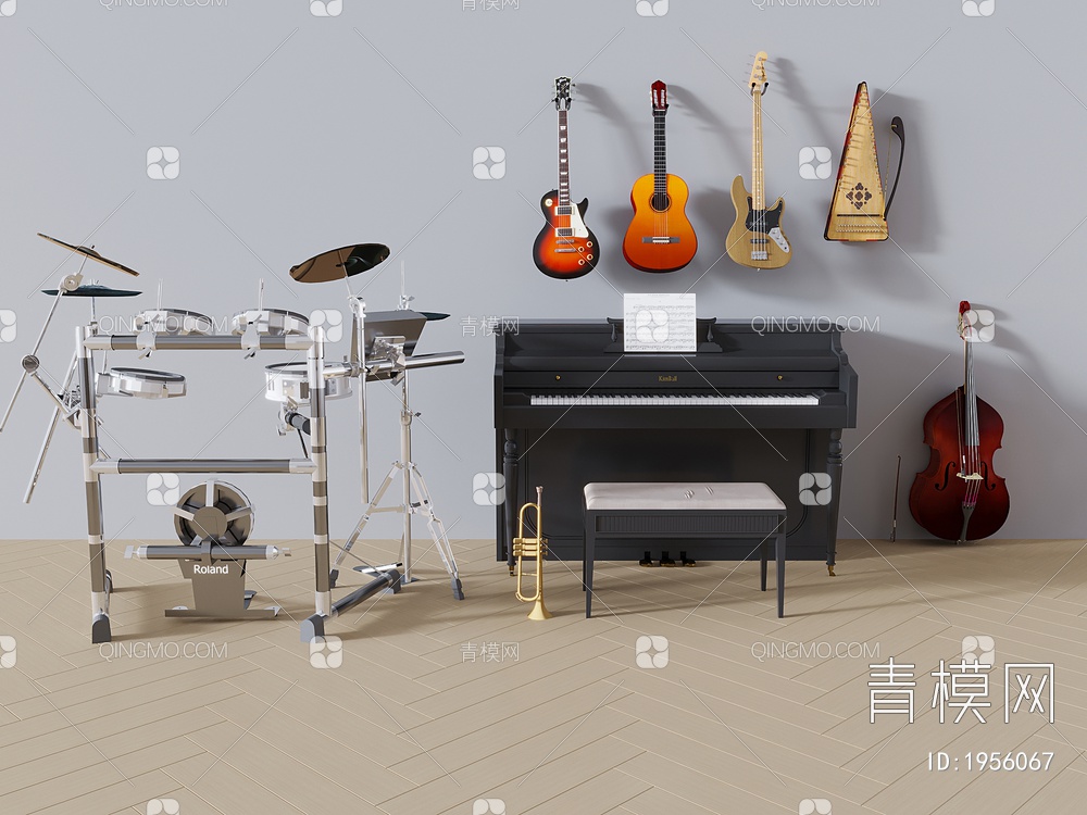 乐器组合，钢琴，吉他，提琴，唢呐3D模型下载【ID:1956067】