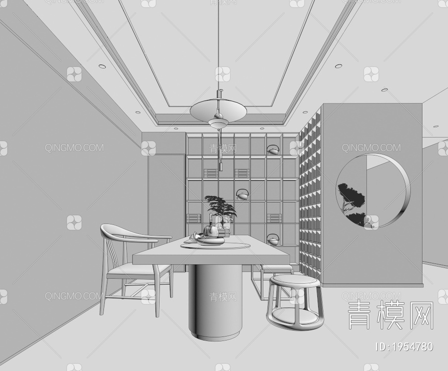 会所茶室 茶区 山水壁画造型 木屏风 茶桌组合 造型柜3D模型下载【ID:1954780】