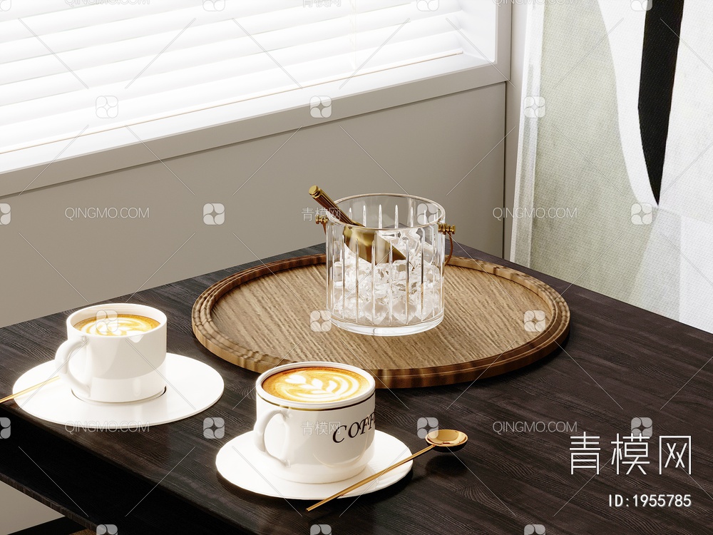 咖啡 咖啡杯，冰块，托盘3D模型下载【ID:1955785】
