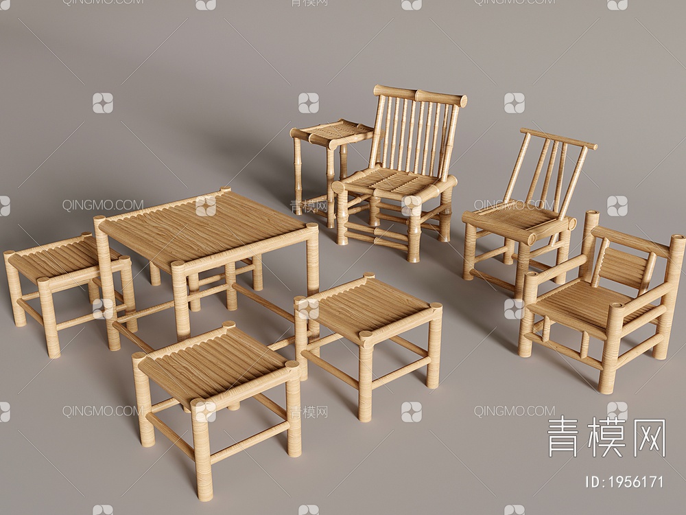 竹椅，凳子，休闲桌椅3D模型下载【ID:1956171】
