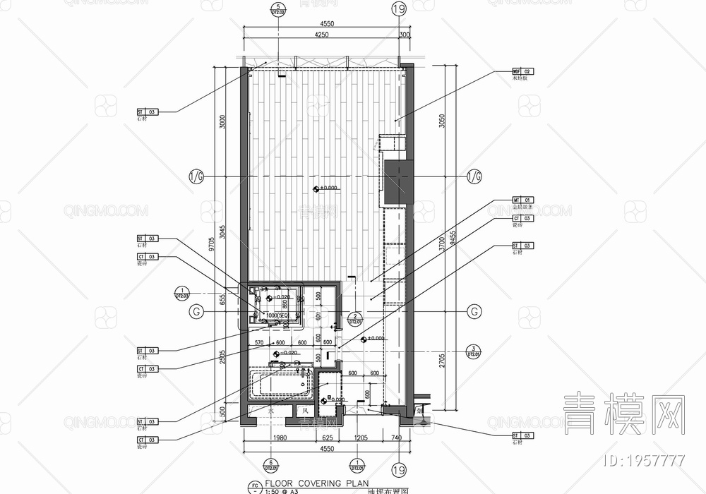 45㎡家装单间公寓施工图 家装 单间配套 平层 私宅 公寓  样板间【ID:1957777】