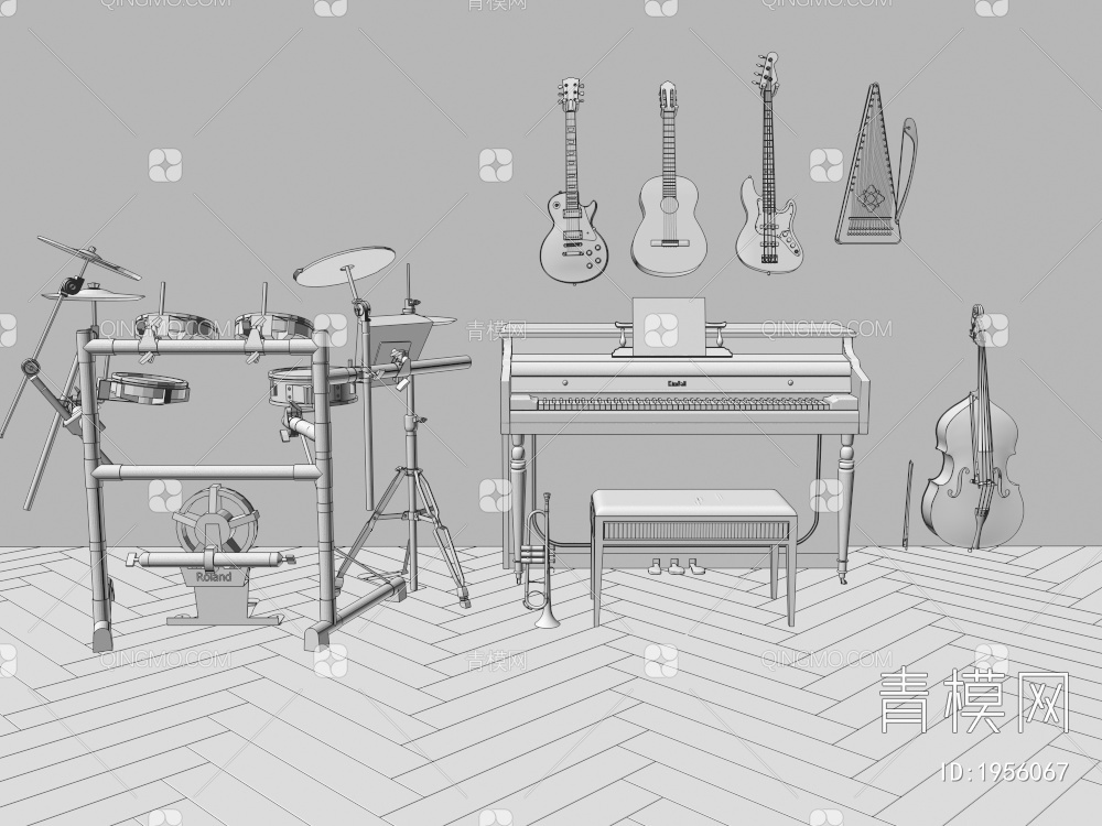 乐器组合，钢琴，吉他，提琴，唢呐3D模型下载【ID:1956067】