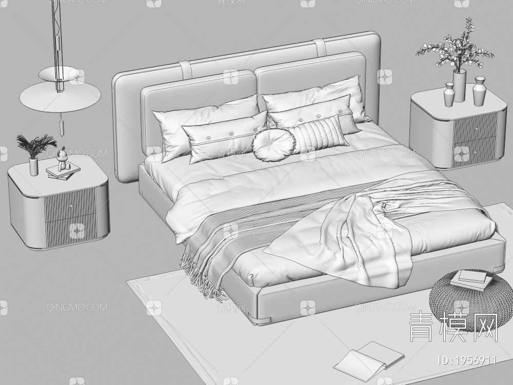 双人床 床头柜 吊灯 枕头3D模型下载【ID:1956911】