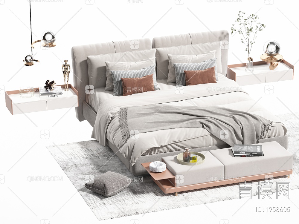 双人床 床头柜 枕头 棉被3D模型下载【ID:1958605】