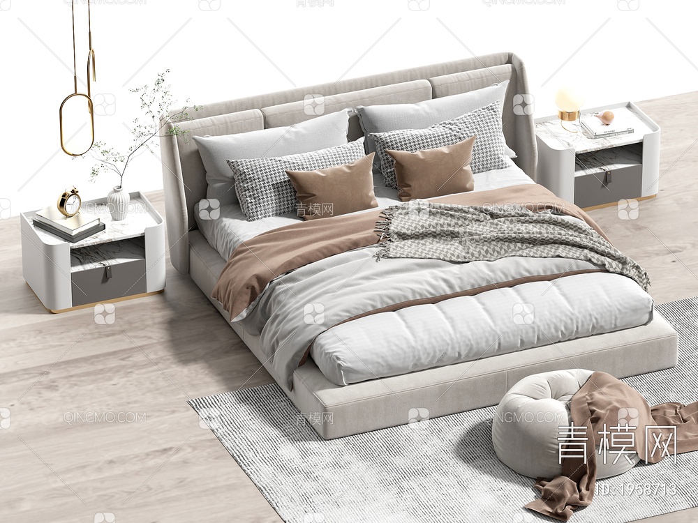 双人床 床头柜 吊灯 枕头3D模型下载【ID:1958713】