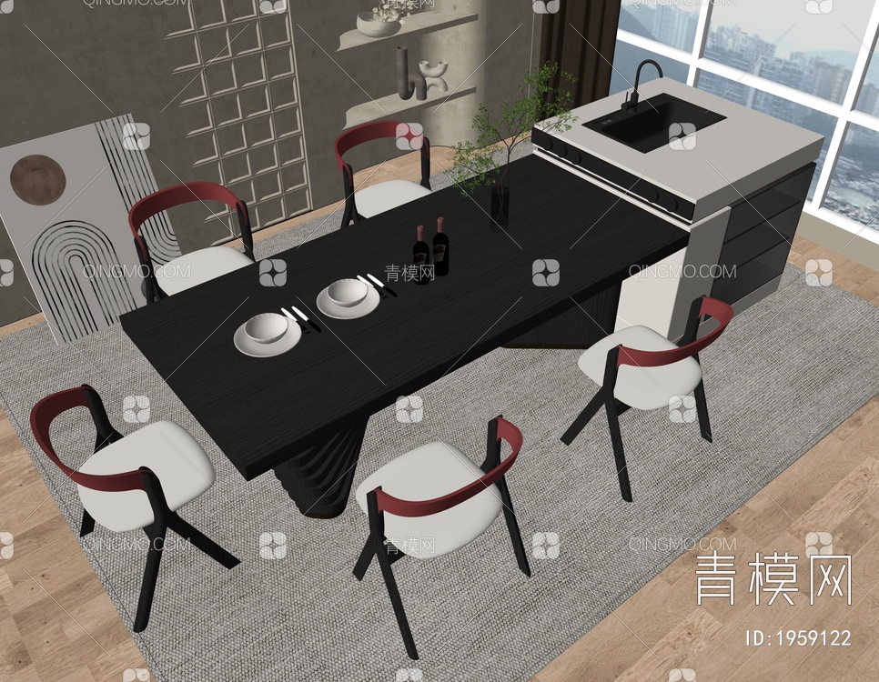 中岛台餐桌椅SU模型下载【ID:1959122】