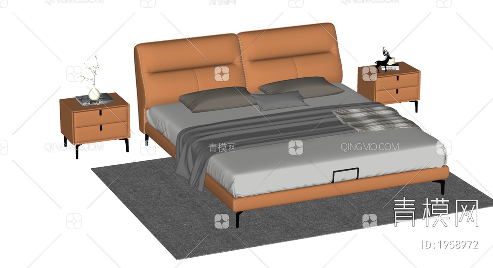 双人床 床头柜 枕头SU模型下载【ID:1958972】