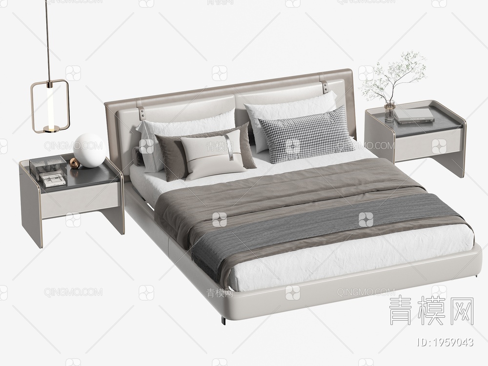 双人床 床头柜 吊灯 绿植 枕头3D模型下载【ID:1959043】