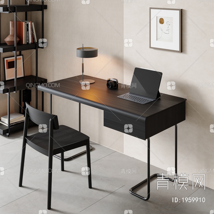 书桌椅组合 办公桌 写字台 桌子 饰品 摆件3D模型下载【ID:1959910】