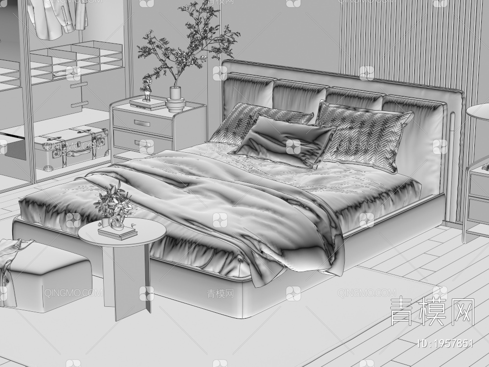 双人床 床头柜 卧室 枕头3D模型下载【ID:1957851】
