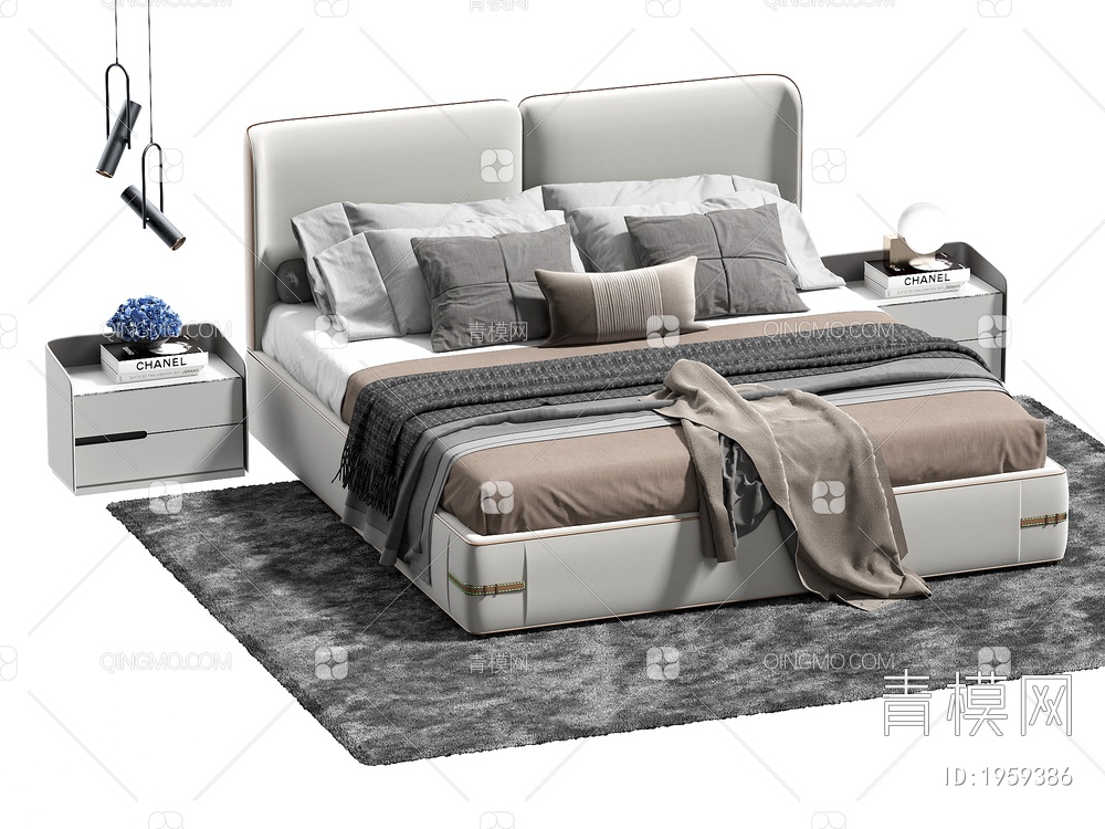 双人床 床头柜 吊灯 枕头3D模型下载【ID:1959386】