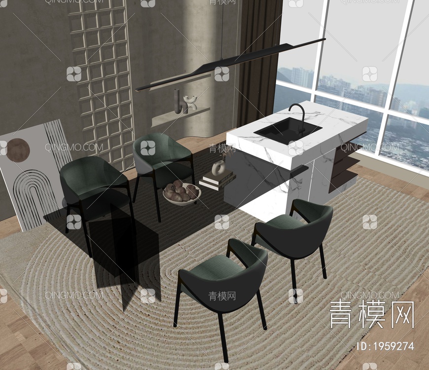 中岛台餐桌椅组合SU模型下载【ID:1959274】