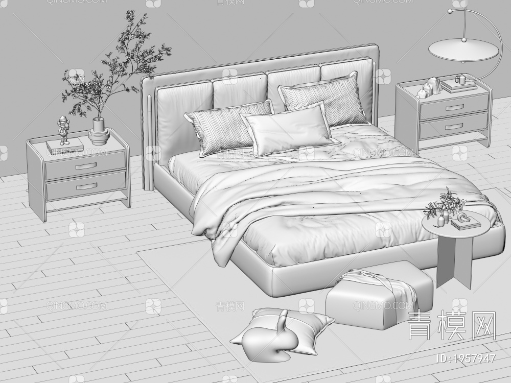 双人床 床头柜 台灯 枕头3D模型下载【ID:1957947】