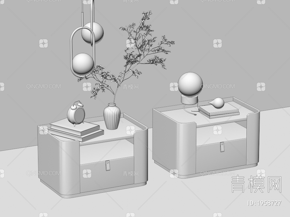 床头柜 吊灯 绿植3D模型下载【ID:1958727】