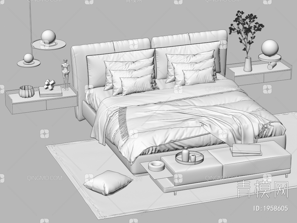 双人床 床头柜 枕头 棉被3D模型下载【ID:1958605】