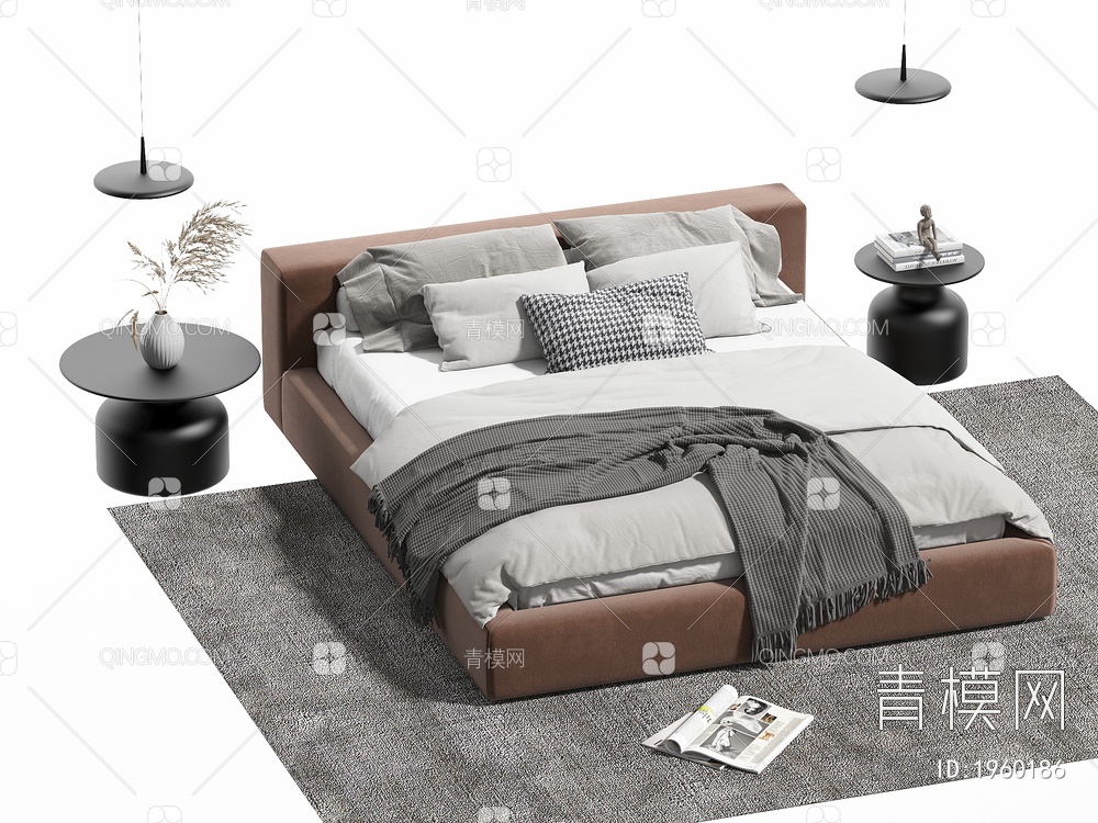 双人床 床头柜 茶几 吊灯 枕头3D模型下载【ID:1960186】