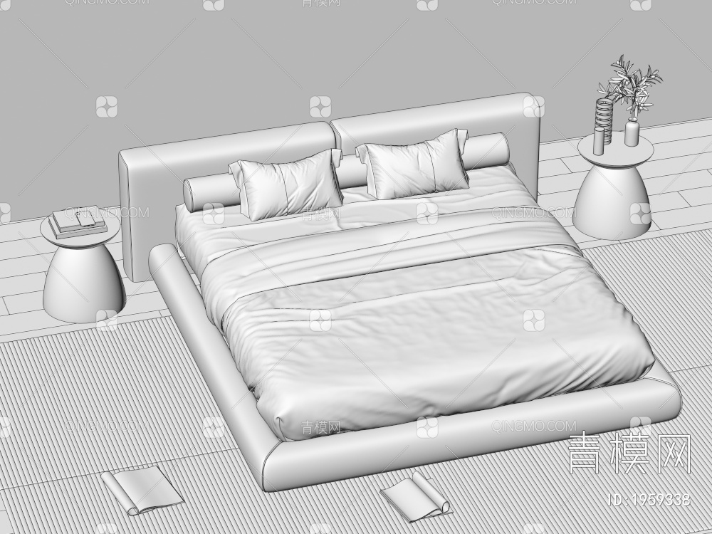 双人床 床头柜 枕头 书籍3D模型下载【ID:1959338】