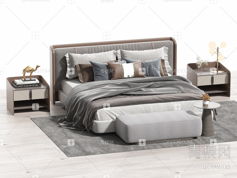 双人床 床头柜 枕头 台灯 地毯3D模型下载【ID:1960125】