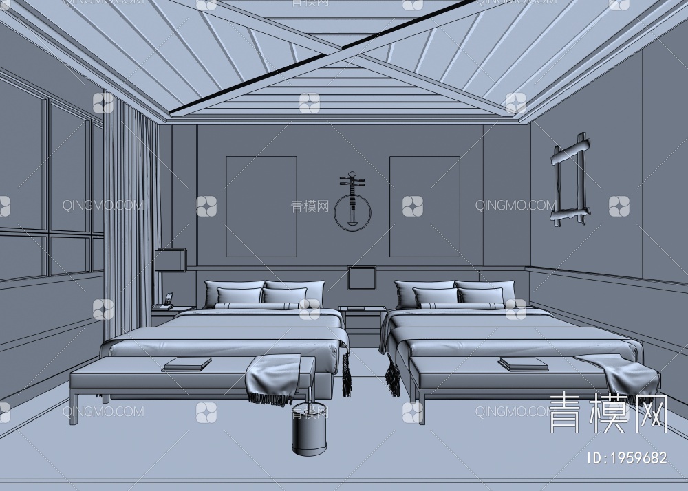 彝族 民宿 客房 双人床 床围3D模型下载【ID:1959682】