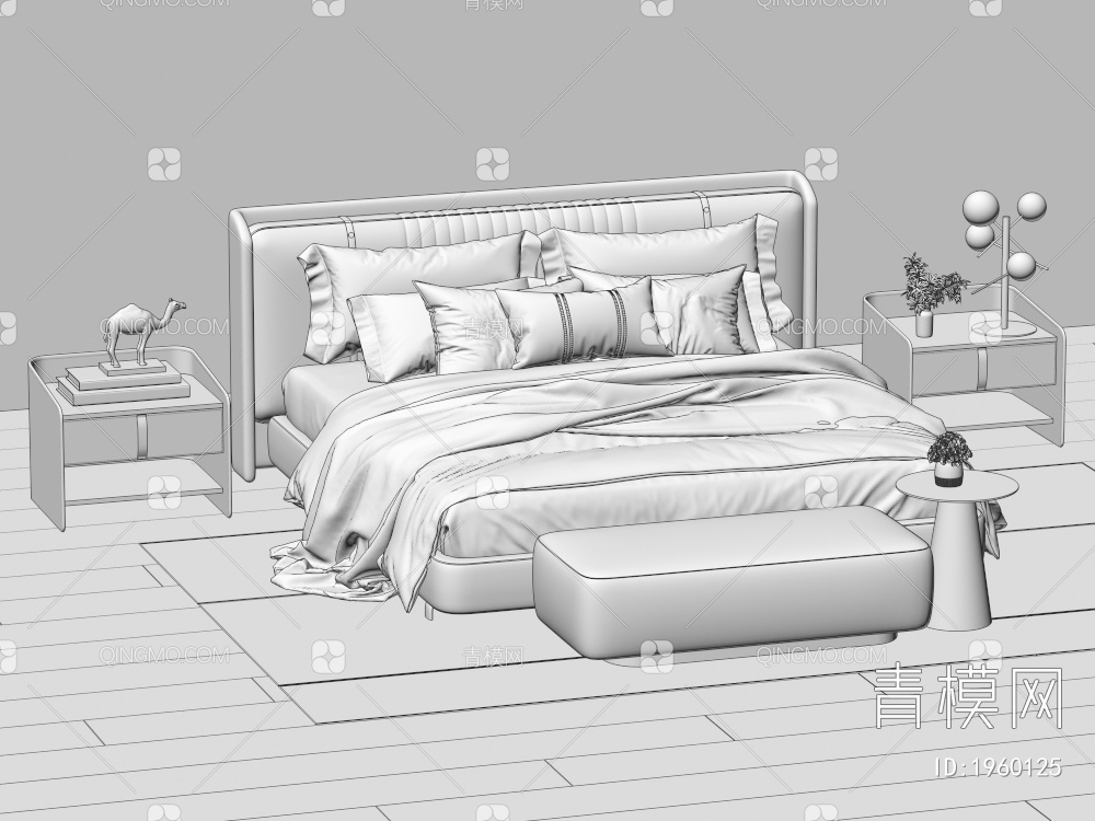 双人床 床头柜 枕头 台灯 地毯3D模型下载【ID:1960125】