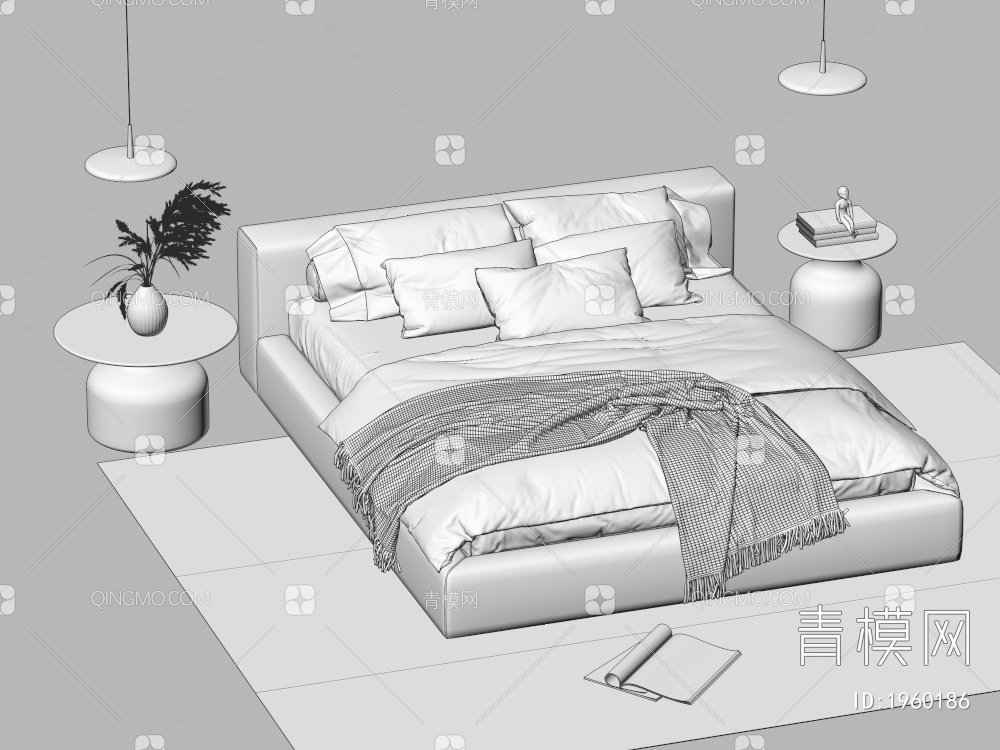 双人床 床头柜 茶几 吊灯 枕头3D模型下载【ID:1960186】