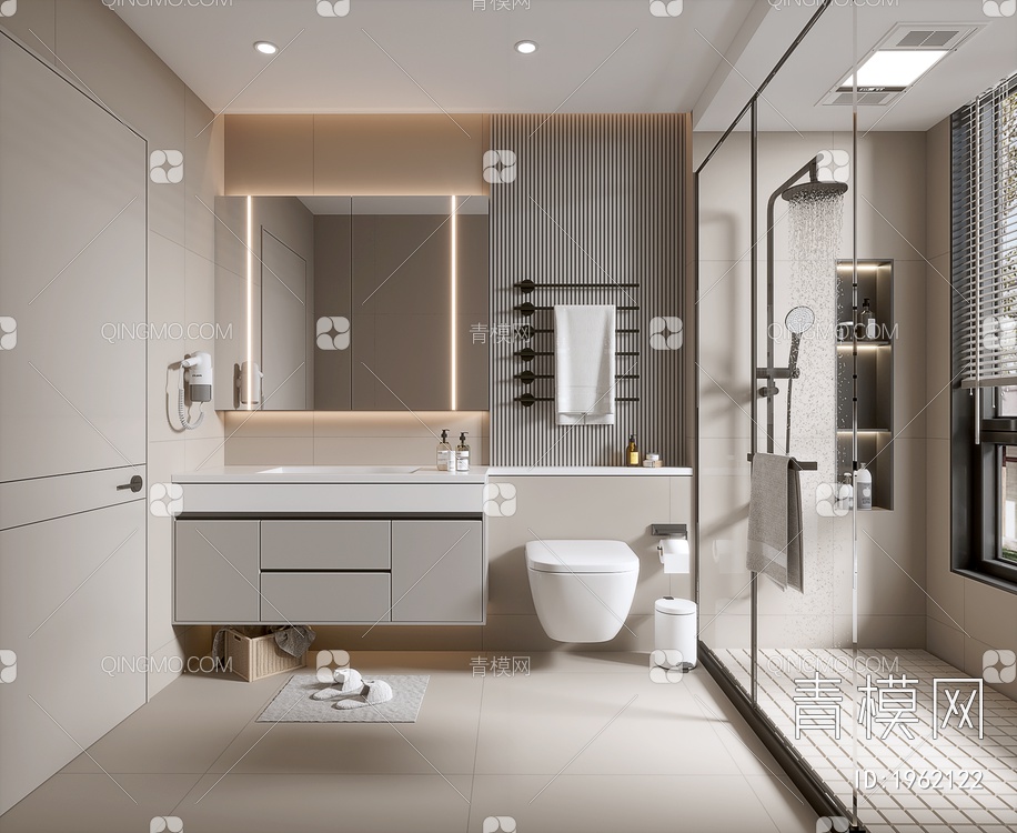 家居卫生间 浴室 厕所 洗手台 浴室柜 毛巾架 镜子 淋浴房 花洒3D模型下载【ID:1962122】