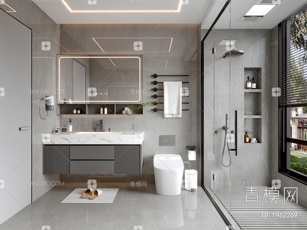 家居卫生间 浴室 厕所 洗手台 浴室柜 毛巾架 镜子 淋浴房 花洒3D模型下载【ID:1962269】