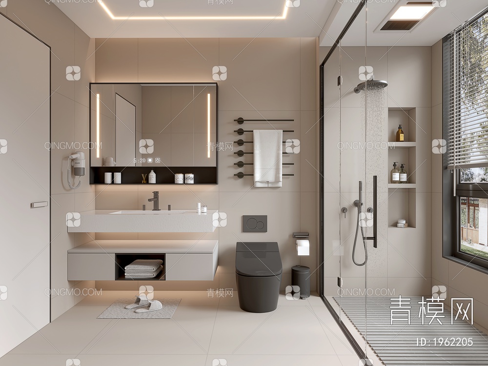 家居卫生间 浴室 厕所 洗手台 浴室柜 毛巾架 镜子 淋浴房 花洒3D模型下载【ID:1962205】