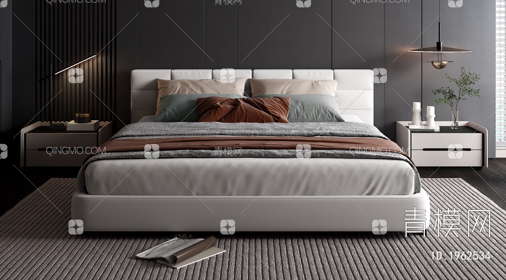 双人床 床头柜 地毯 主卧室 床头背景墙3D模型下载【ID:1962534】