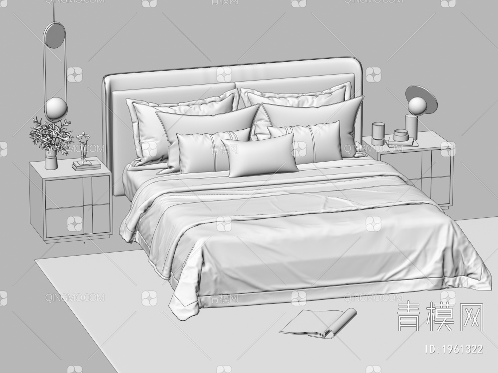 双人床 床头柜 吊灯 绿植3D模型下载【ID:1961322】