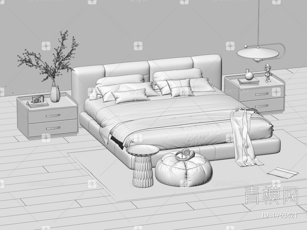 双人床 床头柜 吊灯 枕头3D模型下载【ID:1963421】