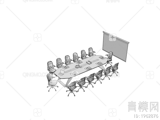 会议桌椅组合 洽谈桌椅 投影幕布3D模型下载【ID:1962876】
