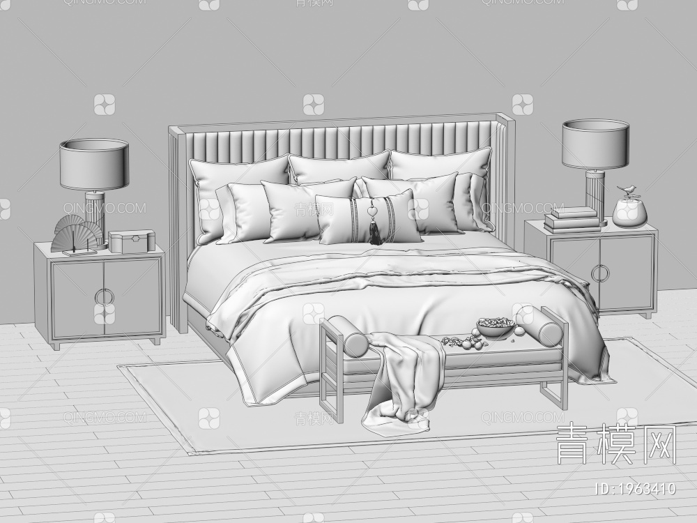双人床 床头柜 台灯 枕头3D模型下载【ID:1963410】