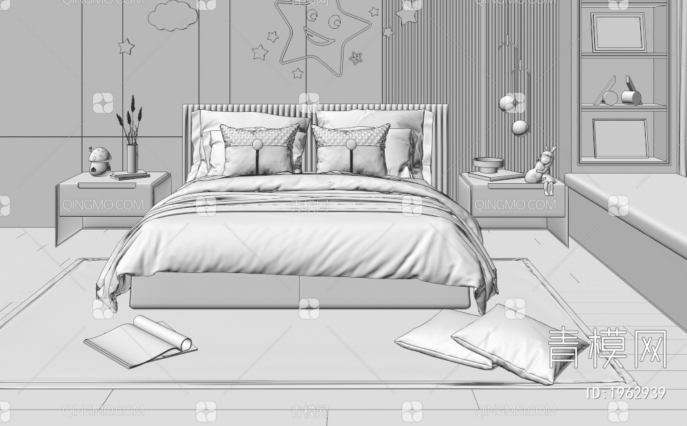 女孩房 女孩床 床头背景墙 双人床 卧室 儿童房3D模型下载【ID:1962939】