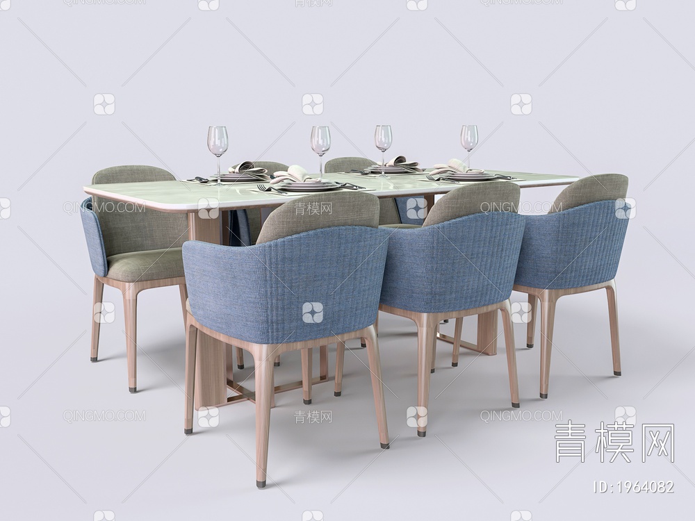 大理石实木布艺餐桌椅3D模型下载【ID:1964082】