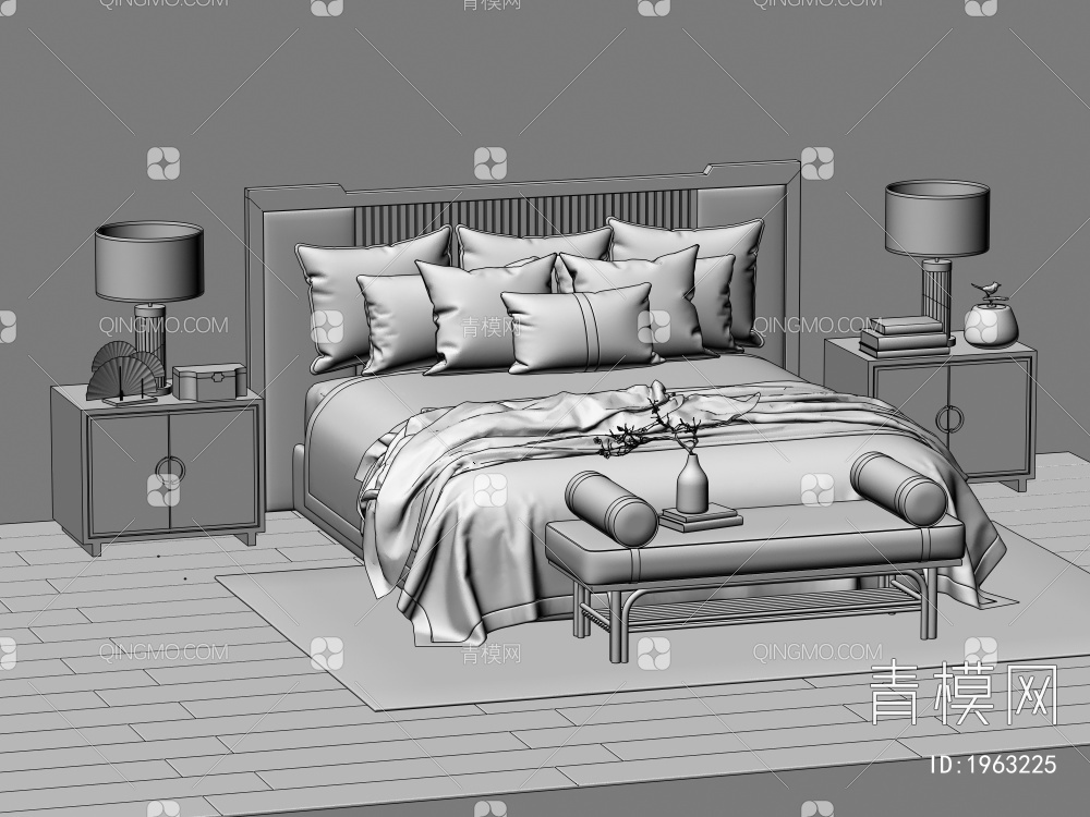 双人床 床头柜 吊灯 枕头3D模型下载【ID:1963225】