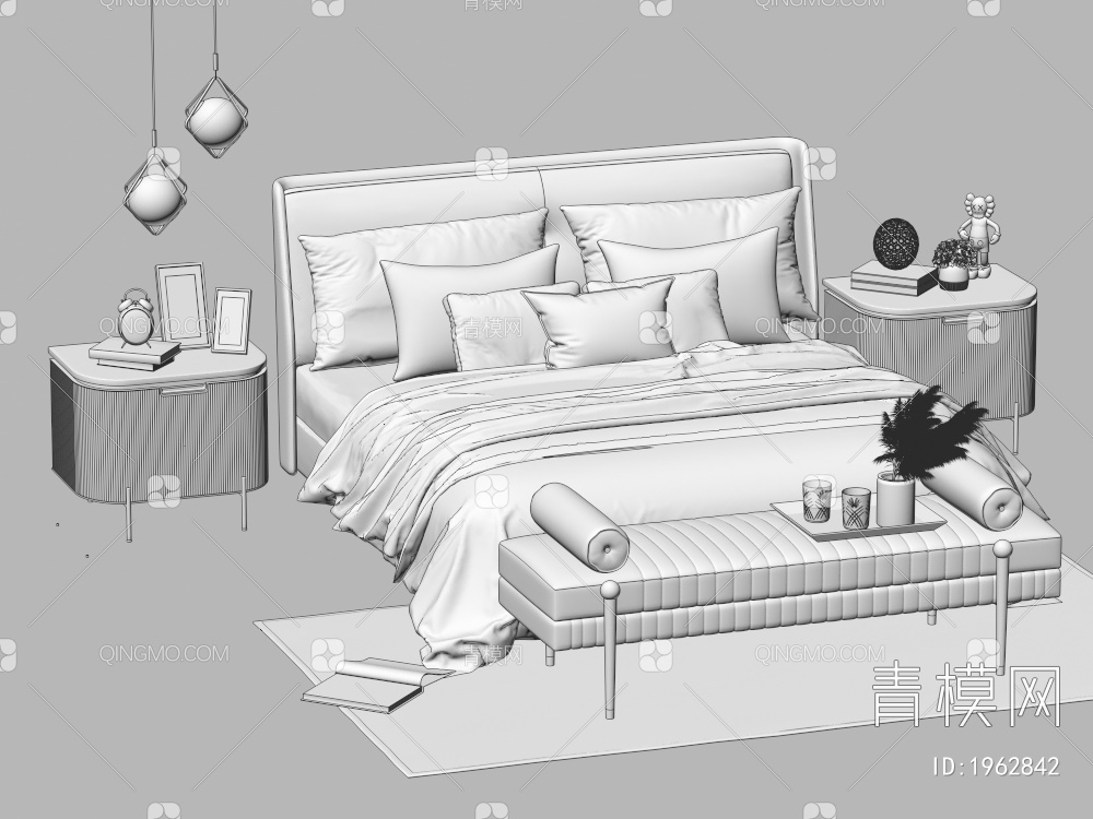双人床 床头柜 吊灯 枕头3D模型下载【ID:1962842】