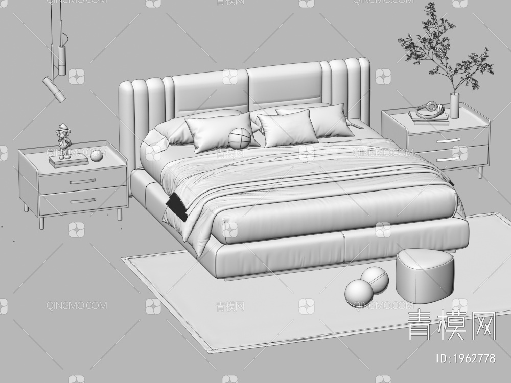 双人床 床头柜 吊灯 枕头3D模型下载【ID:1962778】