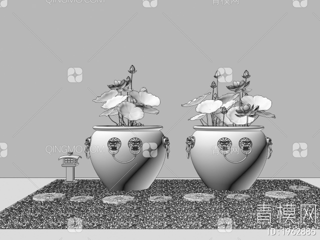 水缸 荷花缸 养鱼荷花水景 微景观 锦鲤3D模型下载【ID:1962885】